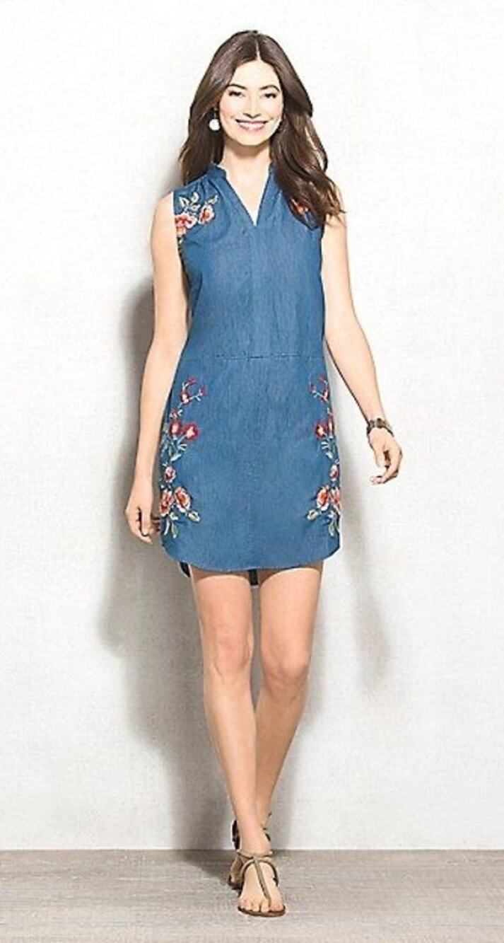 Westport 1962 Denim shift dress size 8 with floral embroidery
